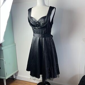 H&R Black Satin Cocktail Dress with sweetheart neckline and ribbon belt